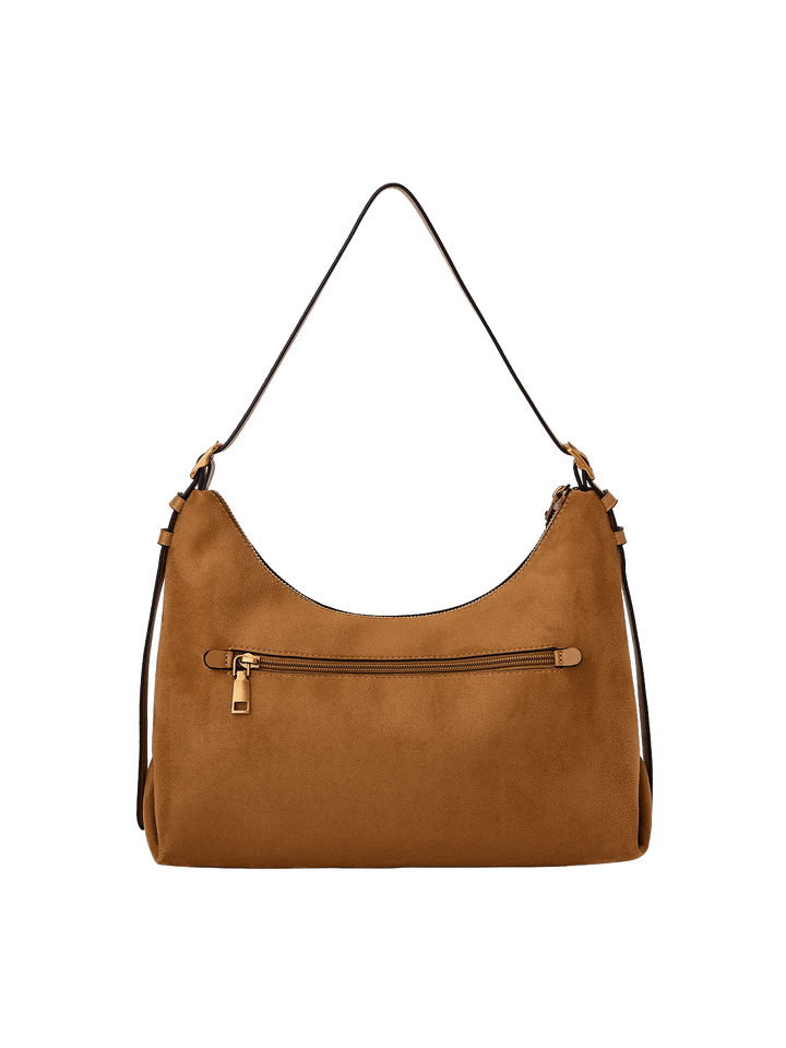 Poppy & Peonies The Sunday Bag in Cognac Suede back view, featuring an exterior zippered pocket, adjustable shoulder strap and gold-tone hardware.