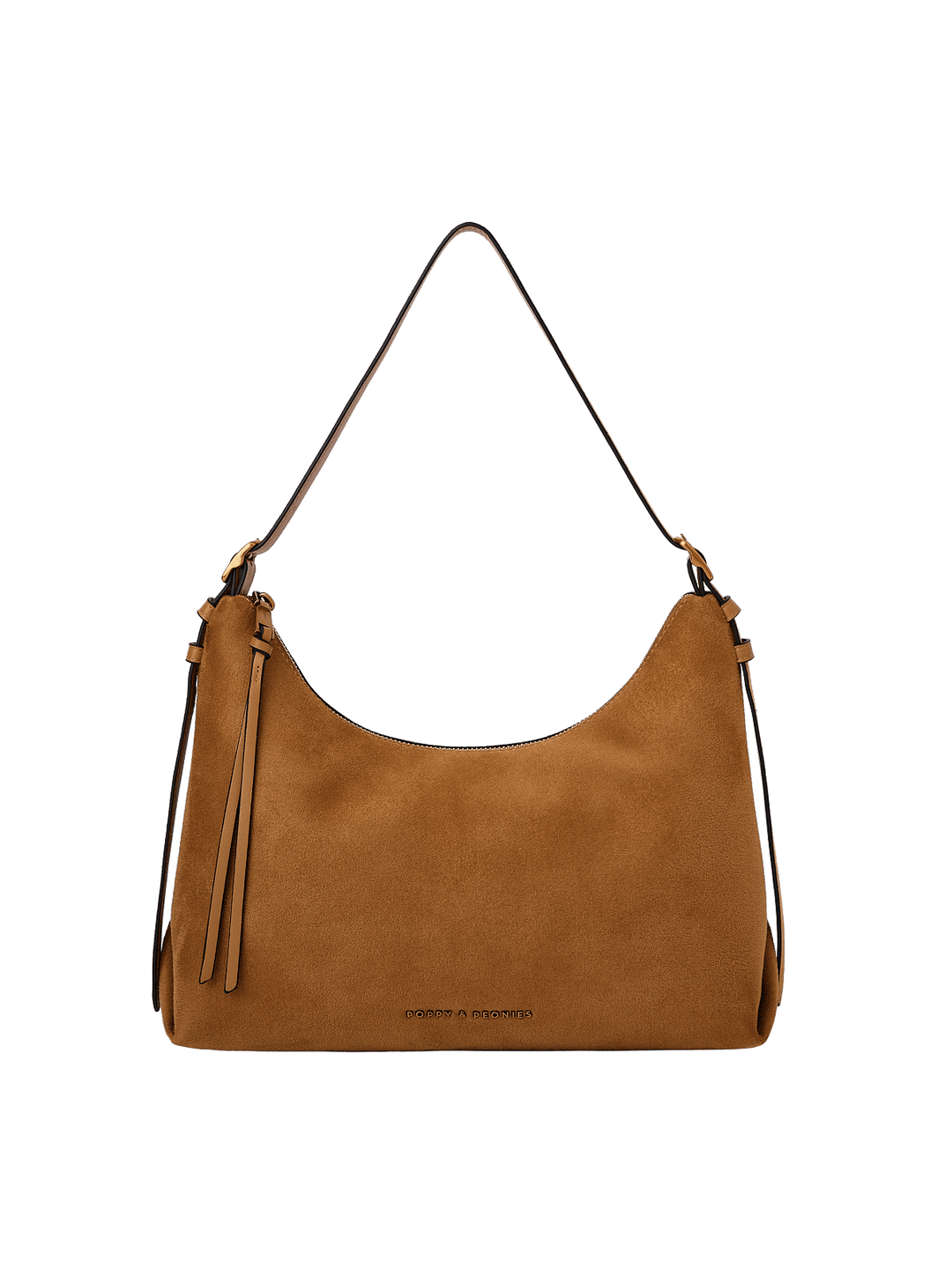 Poppy & Peonies The Sunday Bag in Cognac Suede front view, featuring a relaxed hobo silhouette, adjustable shoulder strap and decorative tassel detail.