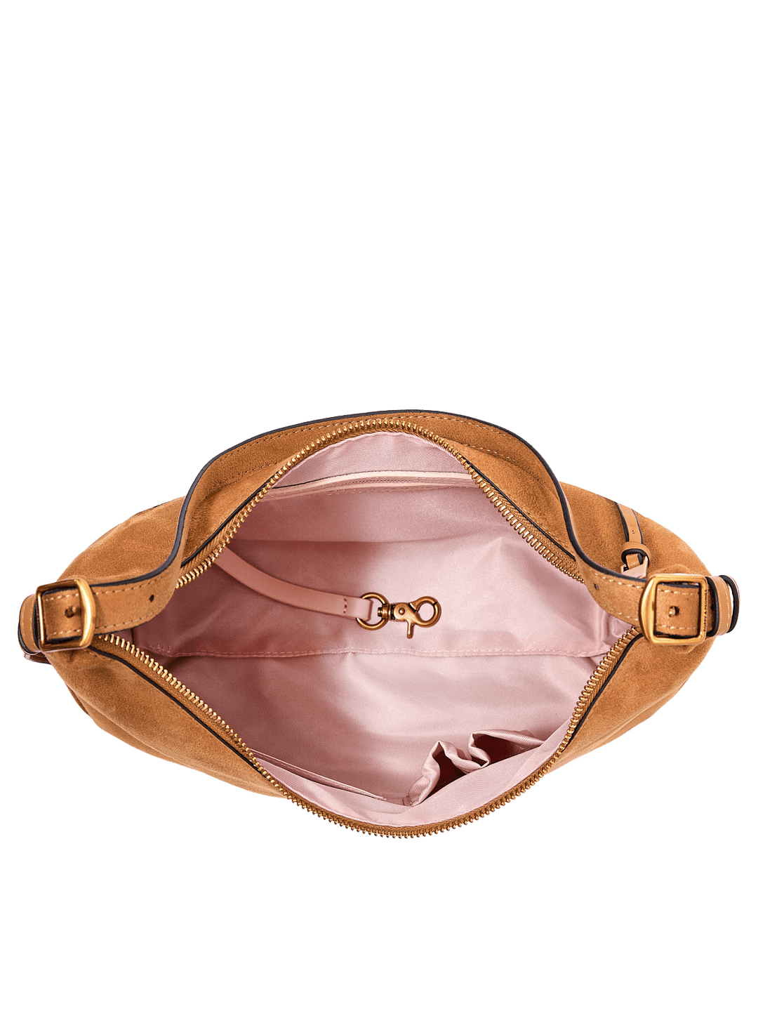 Poppy & Peonies The Sunday Bag in Cognac Suede open top view, showcasing the blush-pink lined interior, interior pocket and key clip.