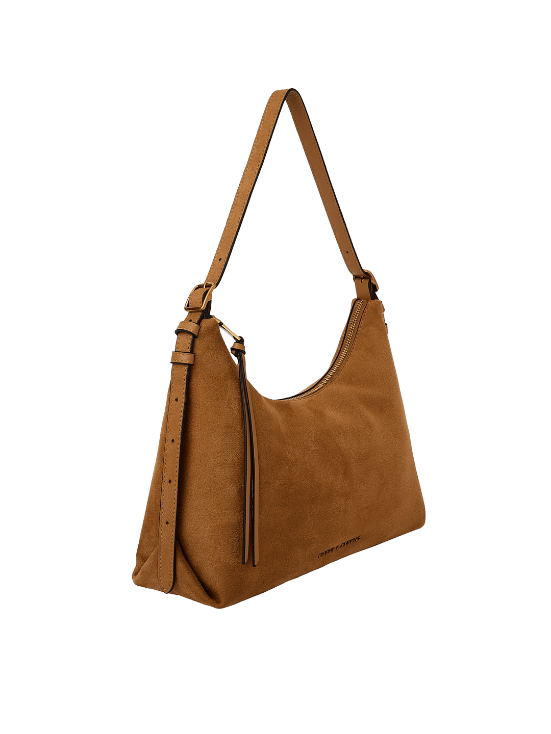 Poppy & Peonies The Sunday Bag in Cognac Suede angled side view, highlighting the soft hobo silhouette, adjustable shoulder strap and tassel detail.