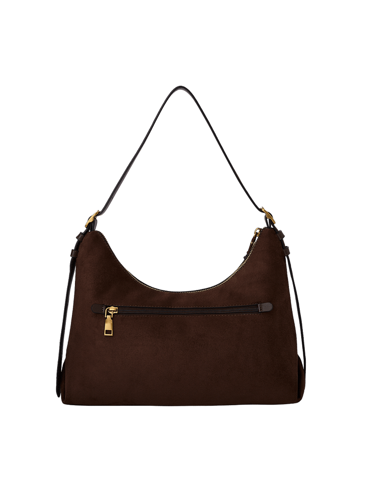 Poppy & Peonies The Sunday Bag in Espresso Suede back view, featuring an exterior zippered pocket, adjustable shoulder strap and gold-tone hardware.