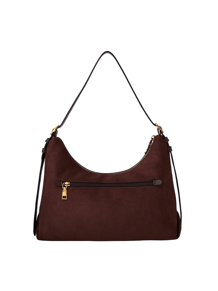 Poppy & Peonies The Sunday Bag in Espresso Suede back view, featuring an exterior zippered pocket, adjustable shoulder strap and gold-tone hardware.