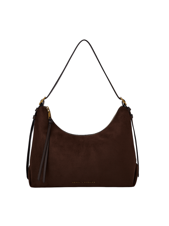 Poppy & Peonies The Sunday Bag in Espresso Suede front view, featuring a relaxed hobo silhouette, adjustable shoulder strap and tassel detail.