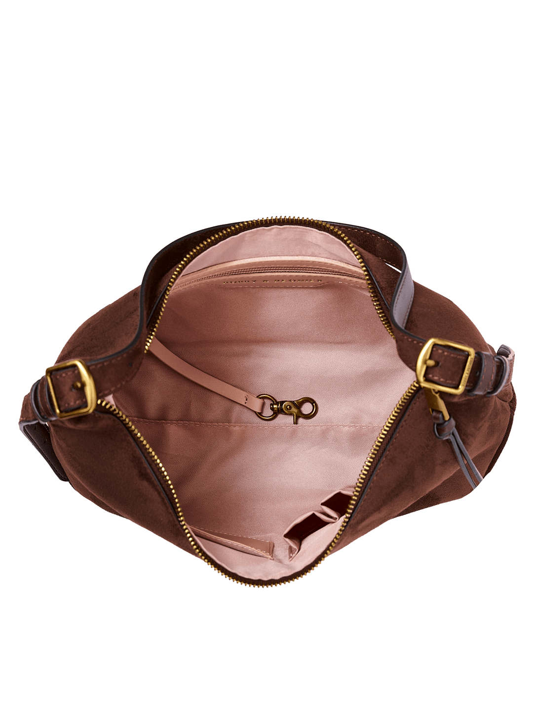 Poppy & Peonies The Sunday Bag in Espresso Suede open top view, showcasing the blush-pink lined interior, interior zippered pocket, key clip and slip pocket.