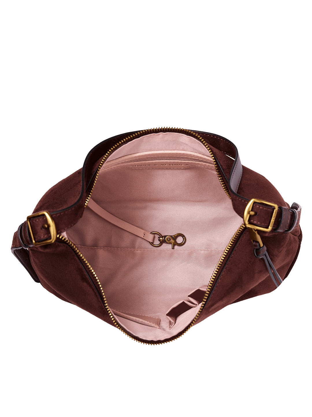 Poppy & Peonies The Sunday Bag in Espresso Suede open top view, showcasing the blush-pink lined interior, interior zippered pocket, key clip and slip pocket.