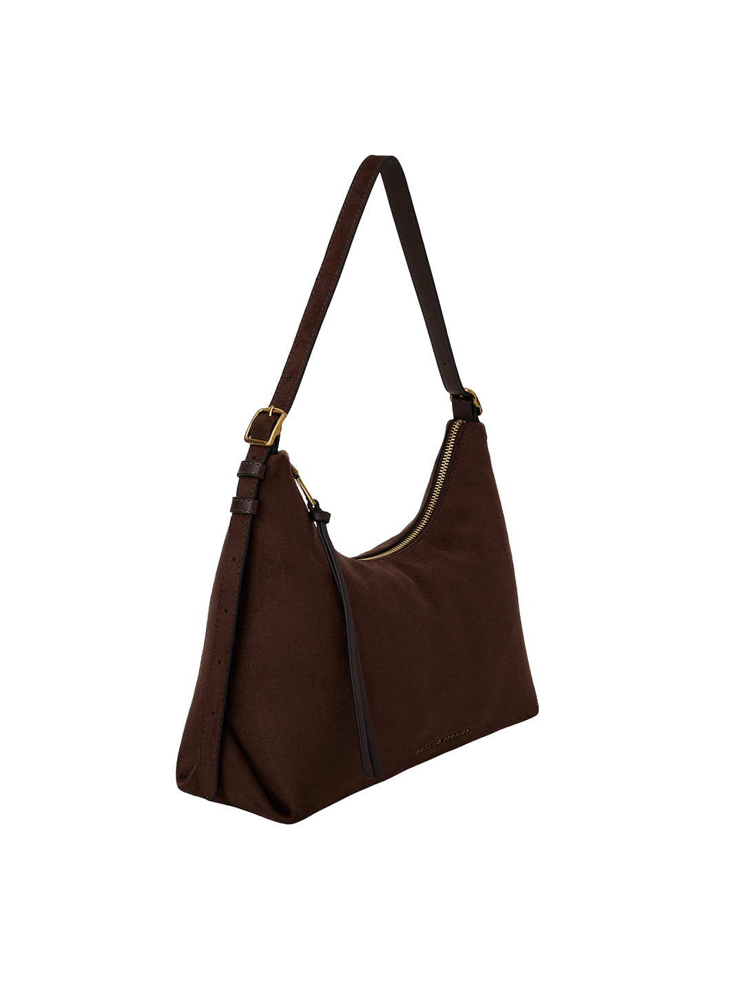 Poppy & Peonies The Sunday Bag in Cognac Suede angled side view, highlighting the soft hobo silhouette, adjustable shoulder strap and tassel detail.