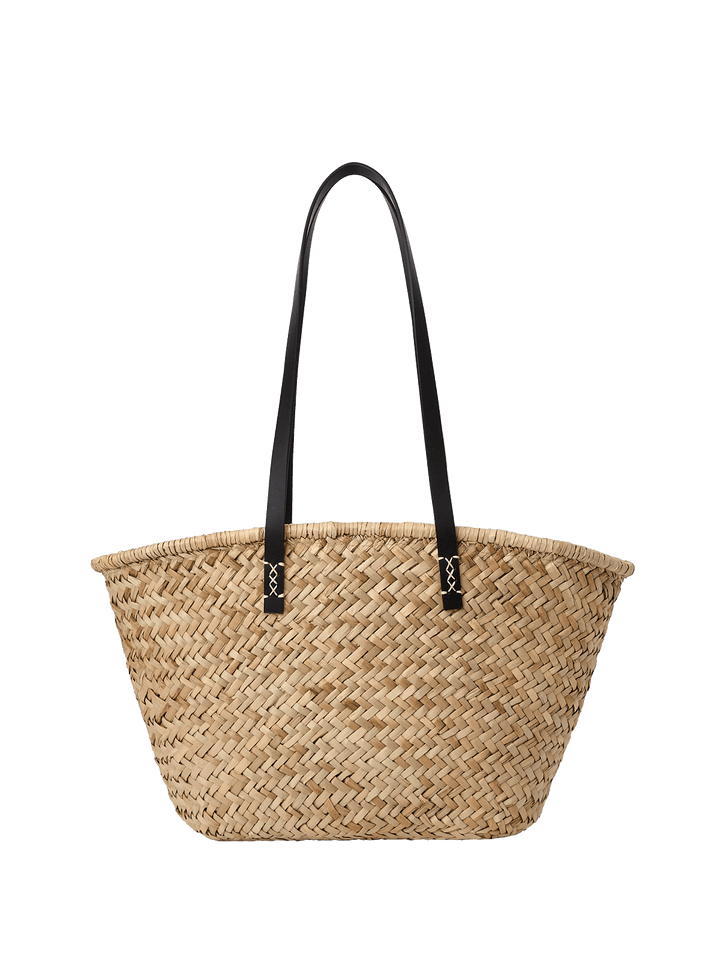 Woven straw tote bag with black straps 