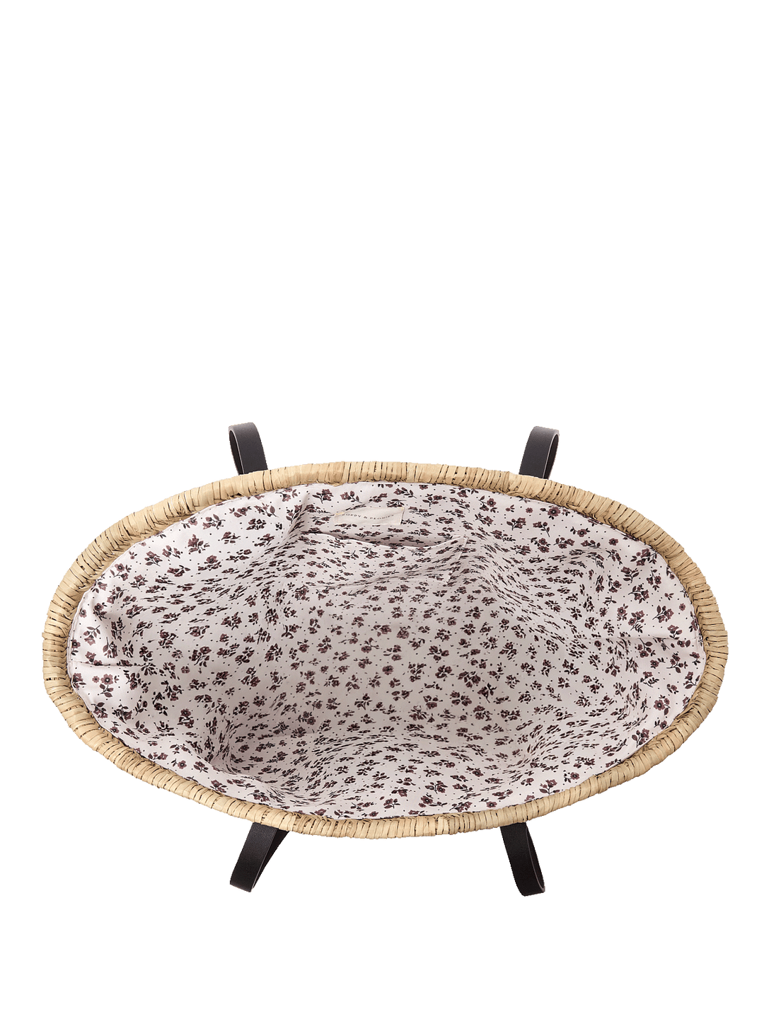 Open straw tote bag with floral print lining