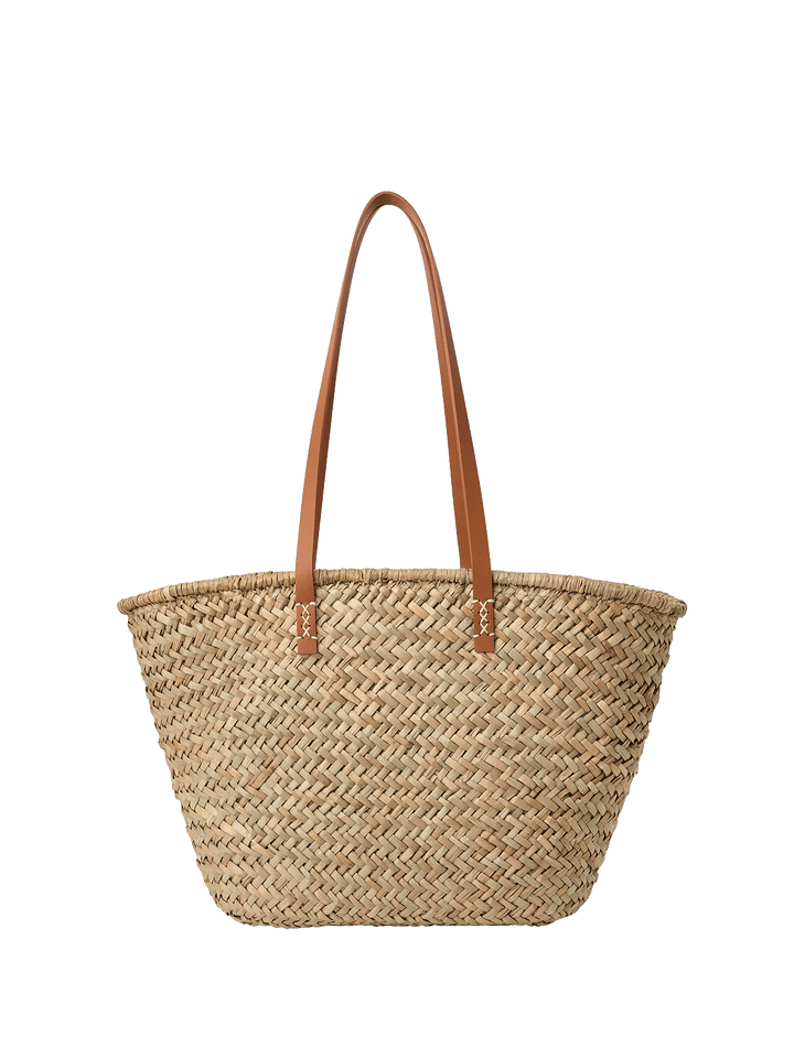 Woven straw tote with brown vegan leather straps