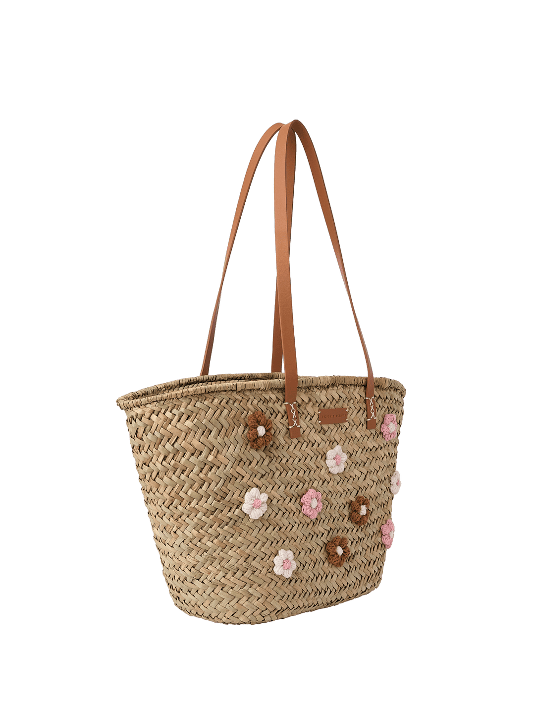 Woven straw tote with floral embellishments and brown vegan leather straps
