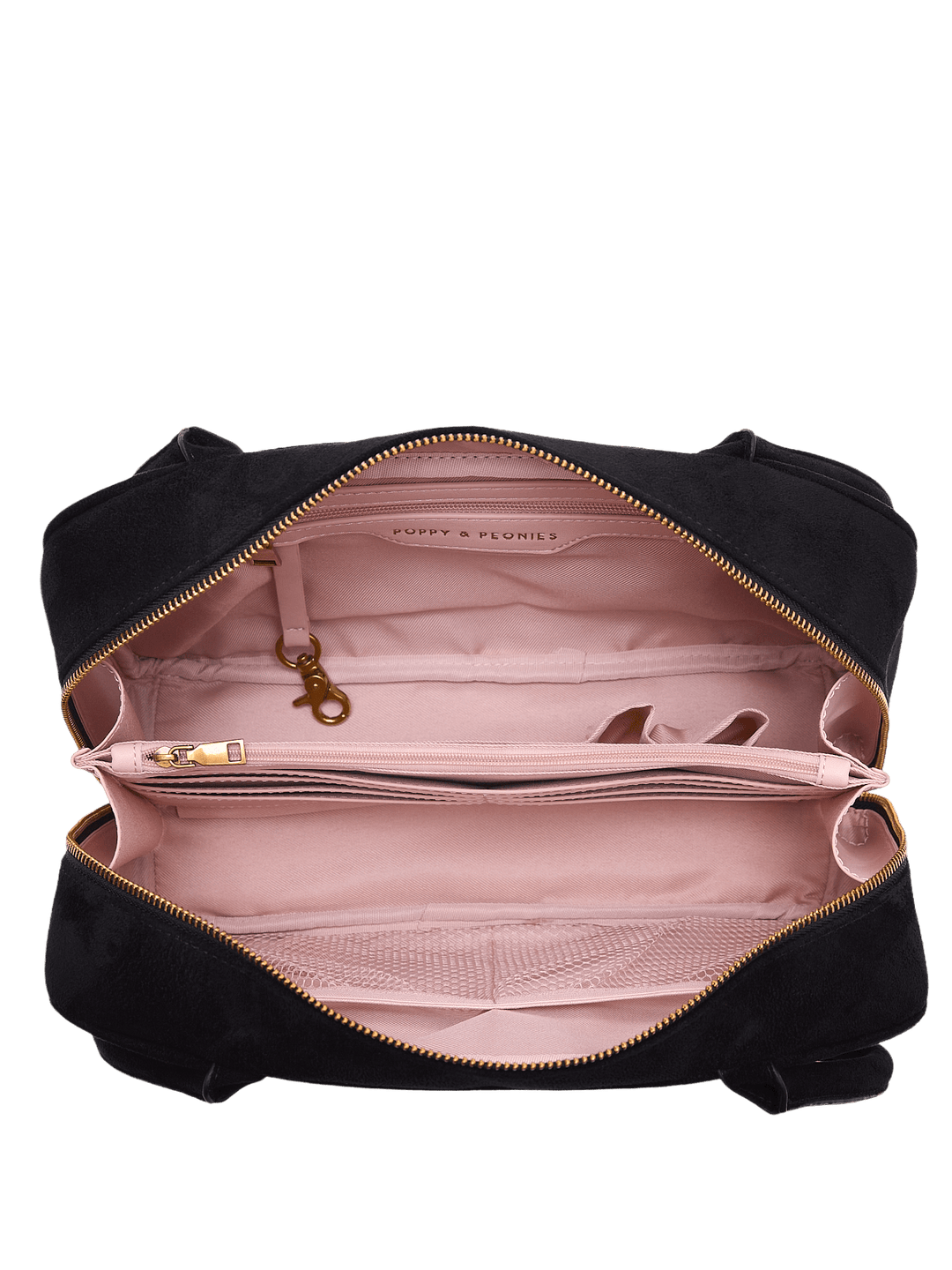 Interior of a black vegan suede shoulder bag