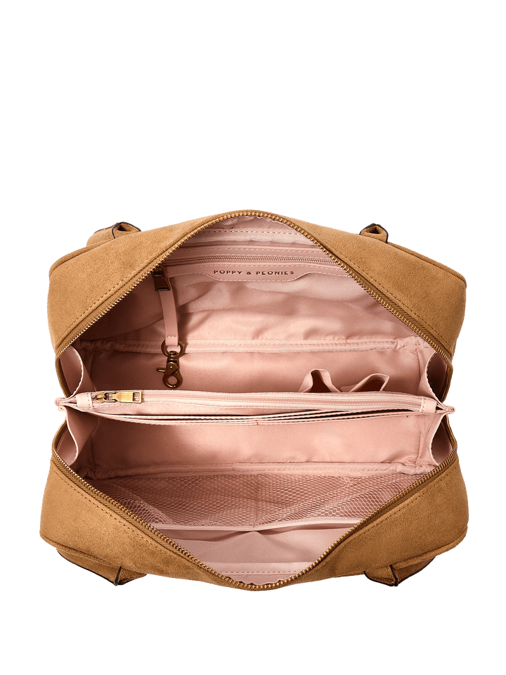Interior of a brown vegan suede shoulder bag