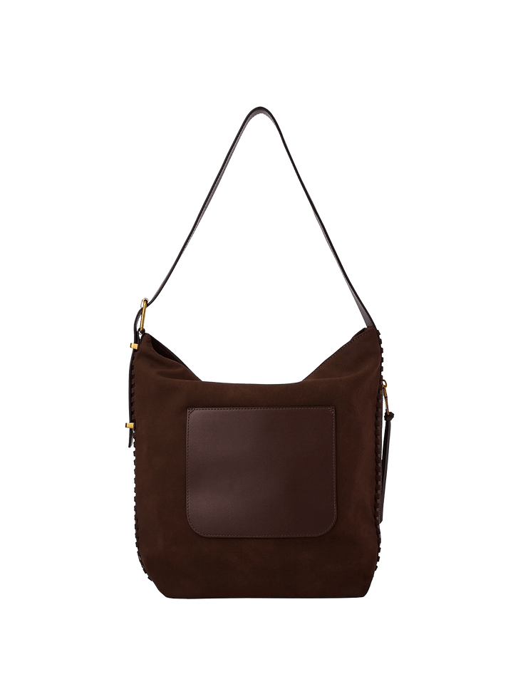 Back of a vegan suede bucket bag with trolley sleeve