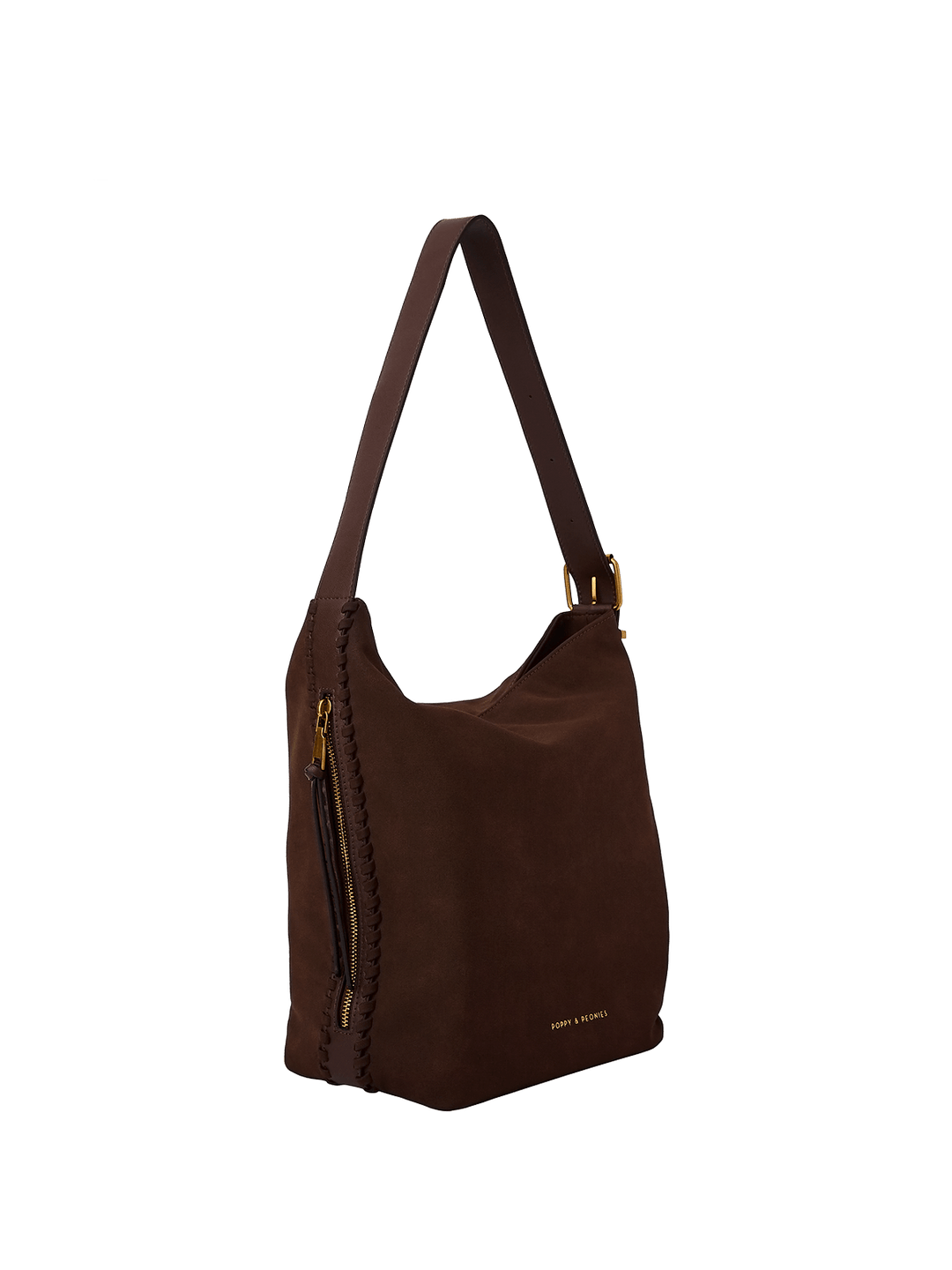 Brown vegan suede shoulder bag on a transparent background