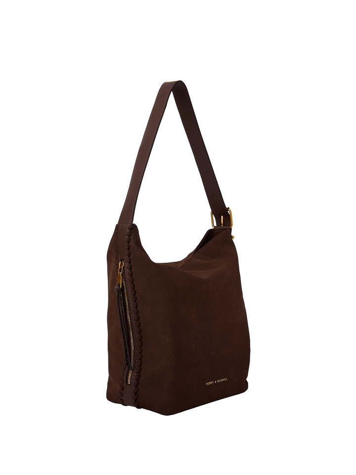 Brown vegan suede shoulder bag on a transparent background
