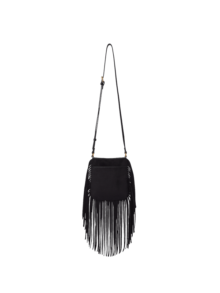 Black vegan leather fringe handbag