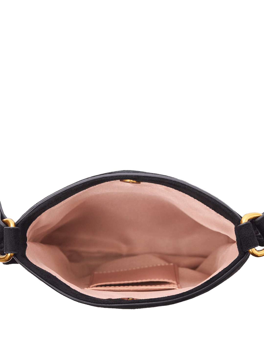 Interior of a black vegan leather fringe handbag