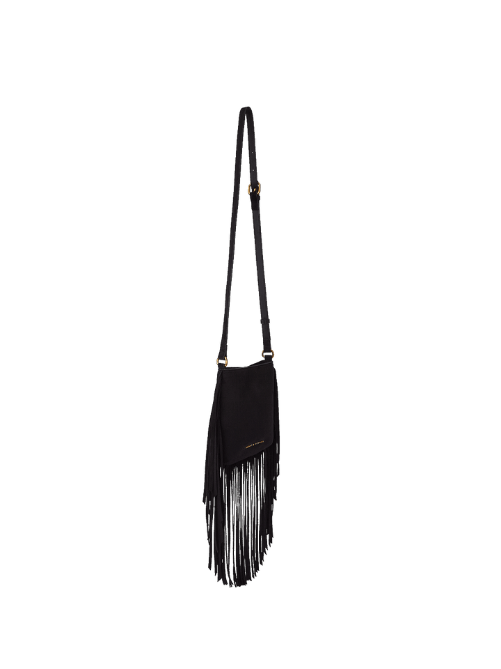 Black vegan leather fringe handbag