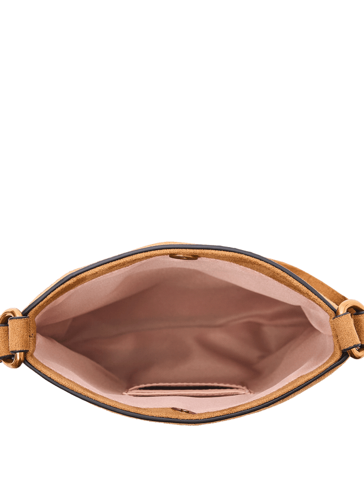 Interior of a brown vegan leather fringe handbag