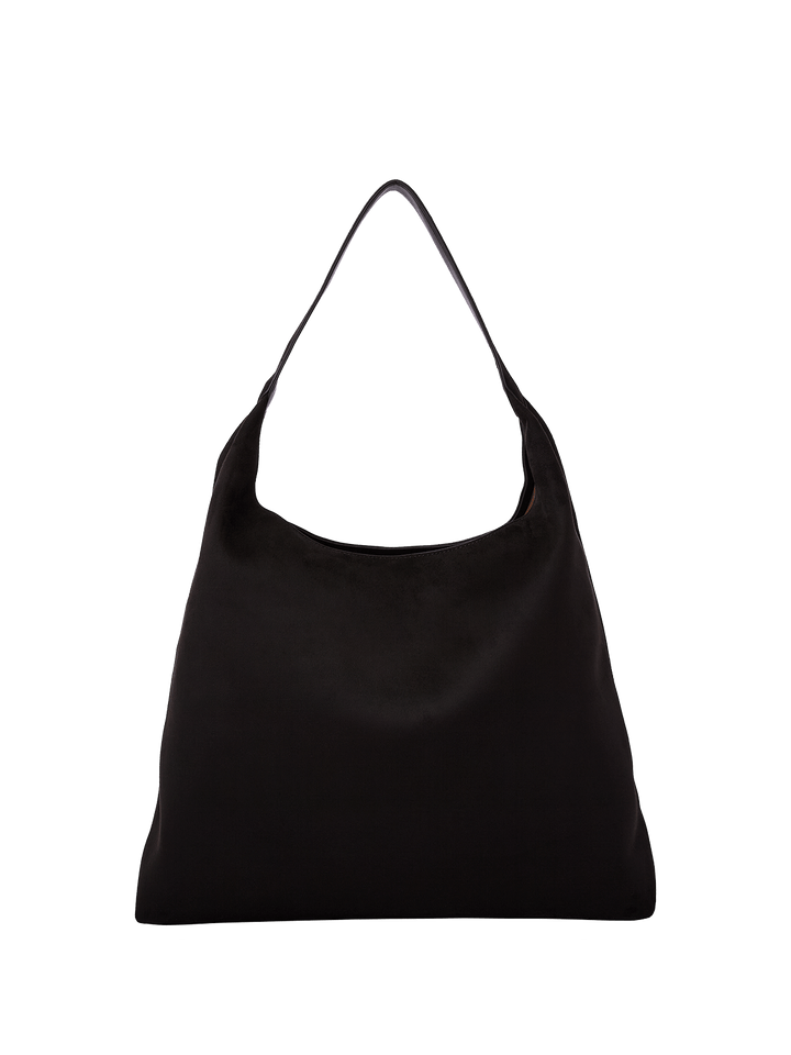 Black vegan suede hobo style shoulder bag on a transparent background