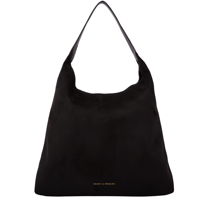 Black vegan suede shoulder bag on a transparent background