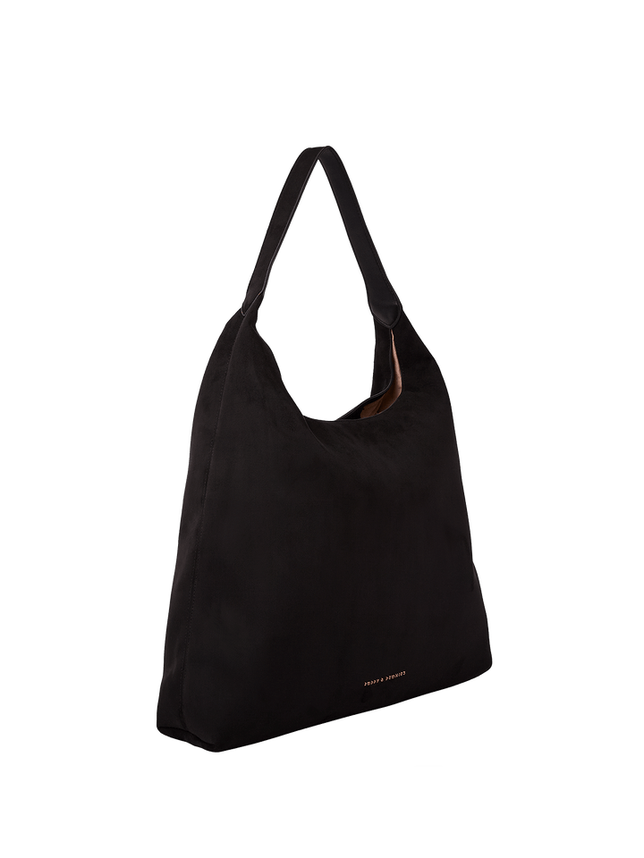 Black vegan suede hobo style shoulder bag on a transparent background