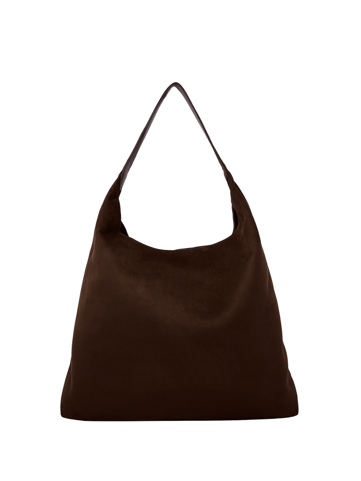 Brown vegan suede shoulder bag on a transparent background