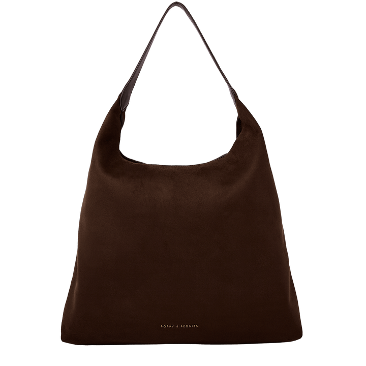 Brown vegan suede hobo style shoulder bag on a transparent background.