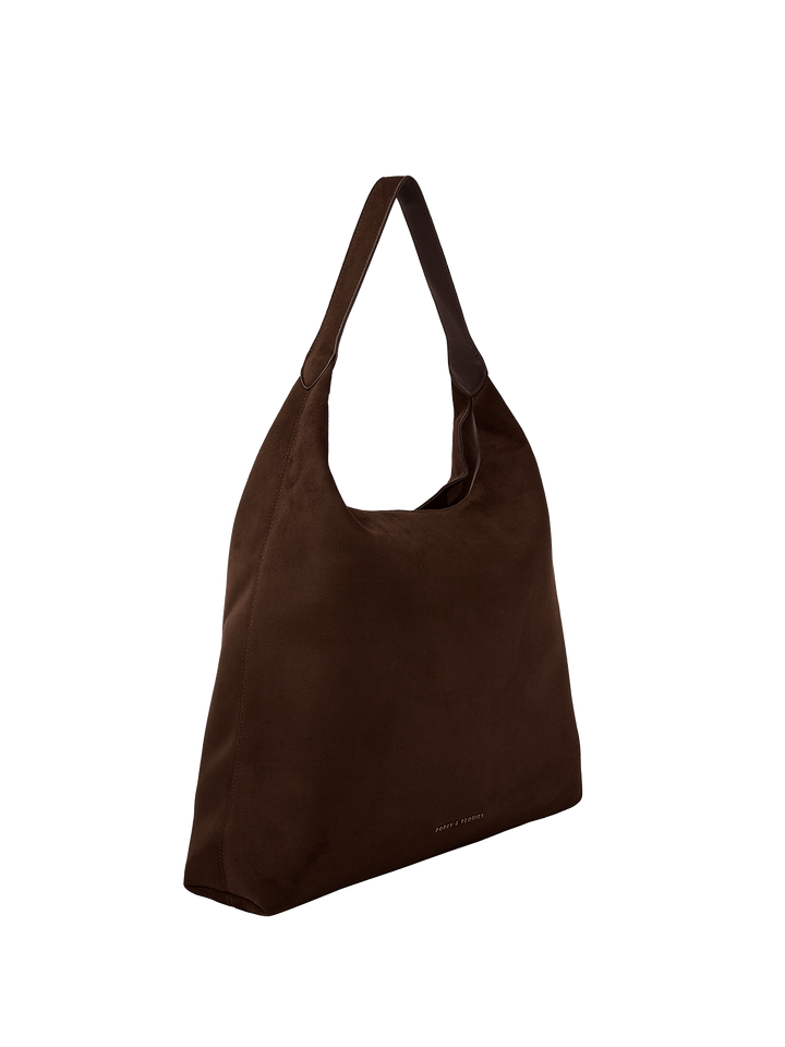 Brown vegan suede shoulder bag on a transparent background