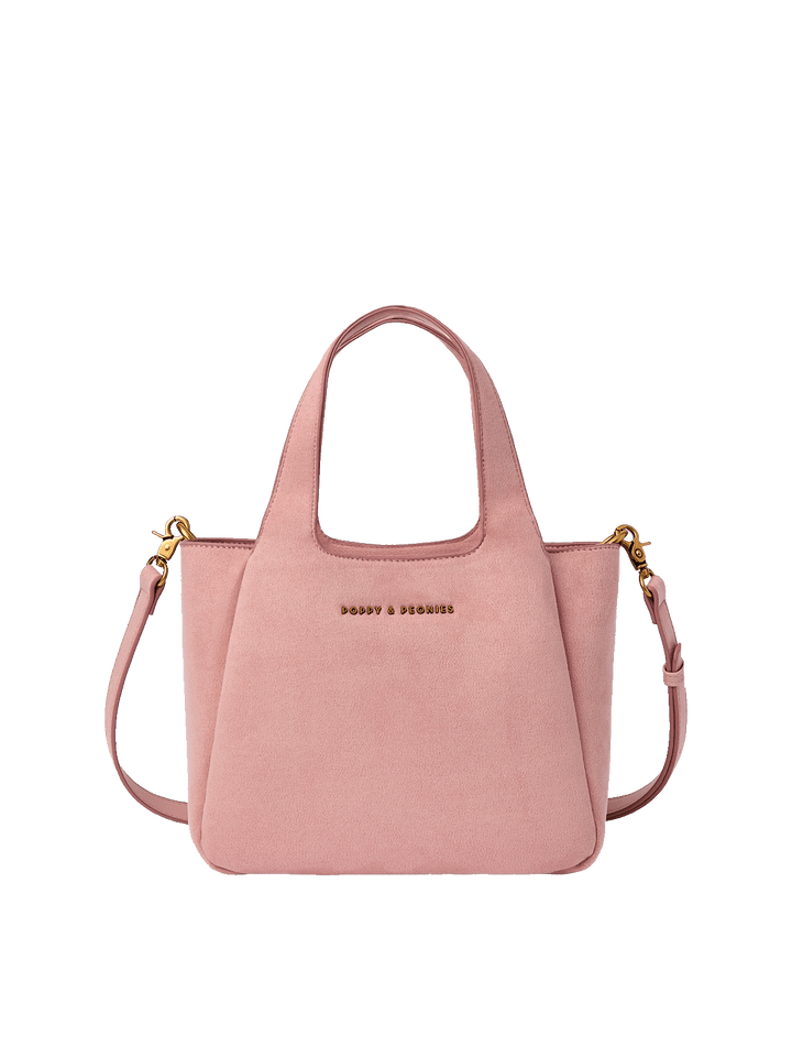 Pink vegan suede small tote bag with a detachable strap