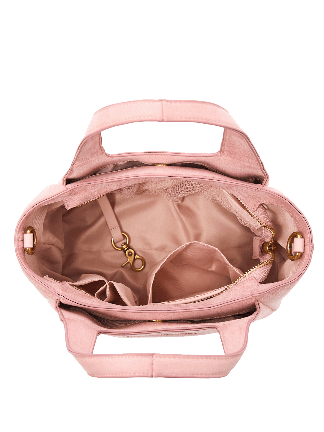 Interior of a pink vegan suede handbag