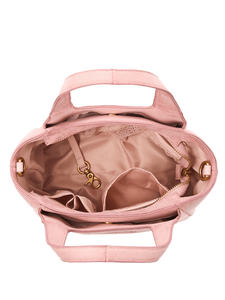 Interior of a pink vegan suede handbag