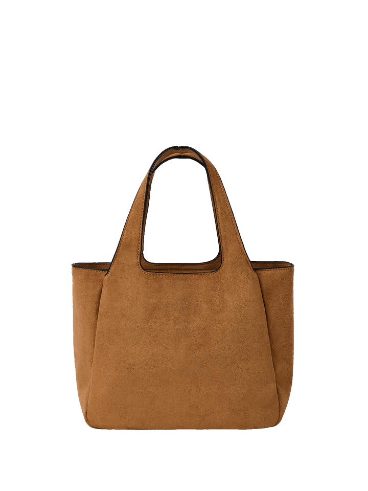 Poppy & Peonies The Pick Me Up Tote in Cognac Suede back view, showcasing the clean suede exterior, structured shape and top handles.