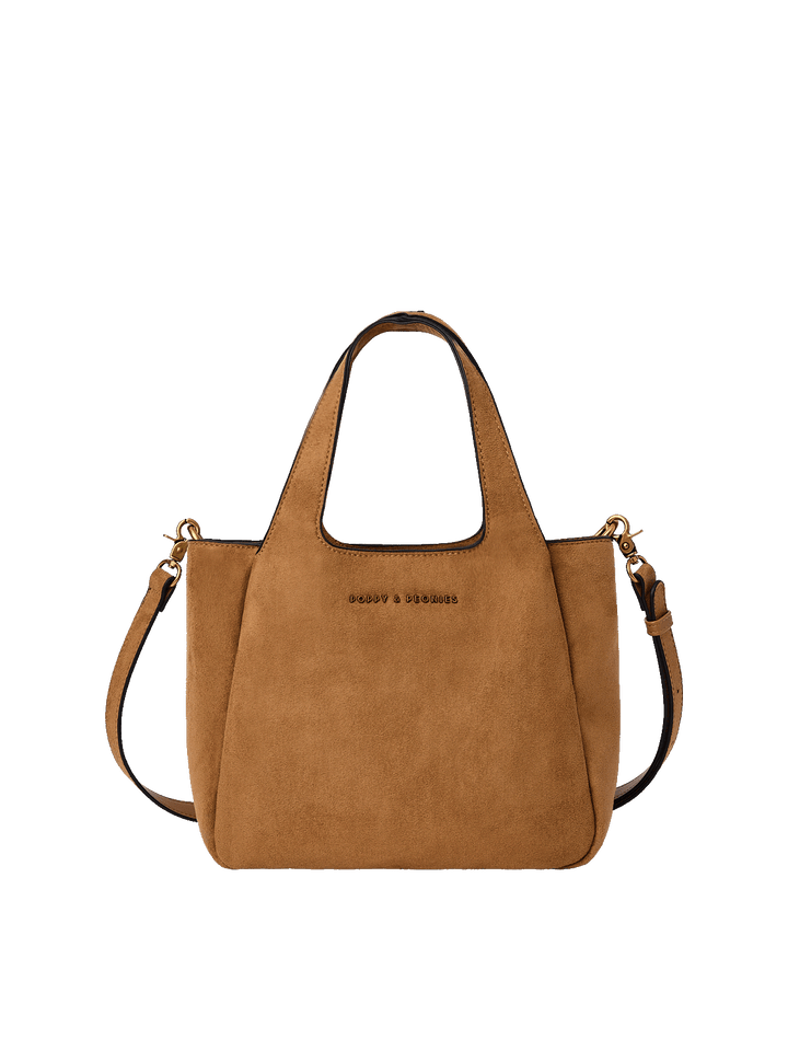 Brown vegan suede small tote bag with a detachable strap