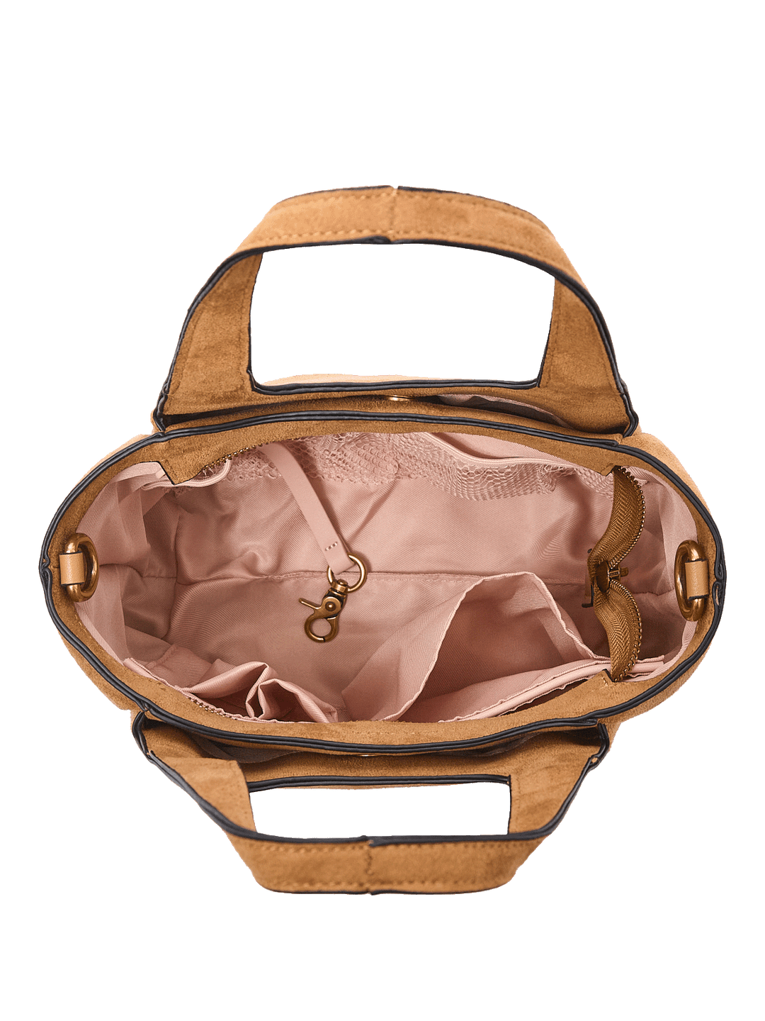 Interior of a brown vegan suede handbag 