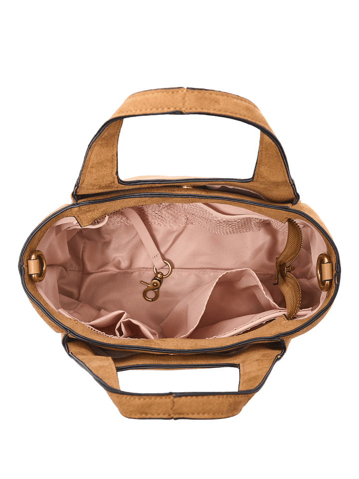 Interior of a brown vegan suede handbag 