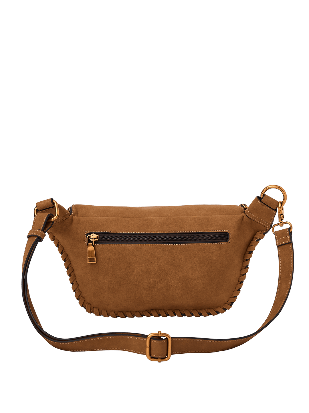 Cognac vegan suede belt bag with a strap on a transparent background.