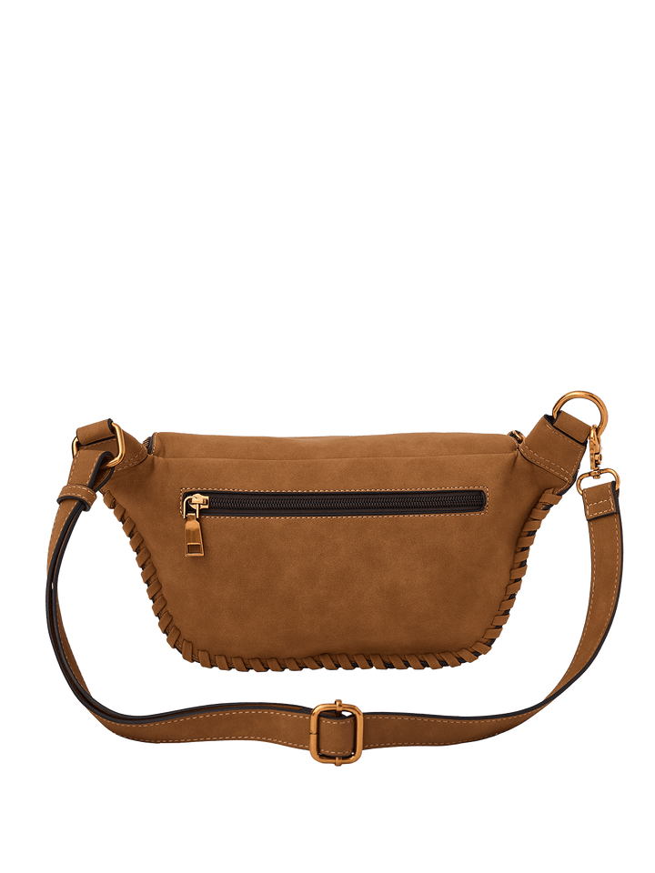 Cognac vegan suede belt bag with a strap on a transparent background.
