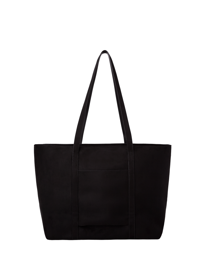 Back of a vegan suede black tote bag
