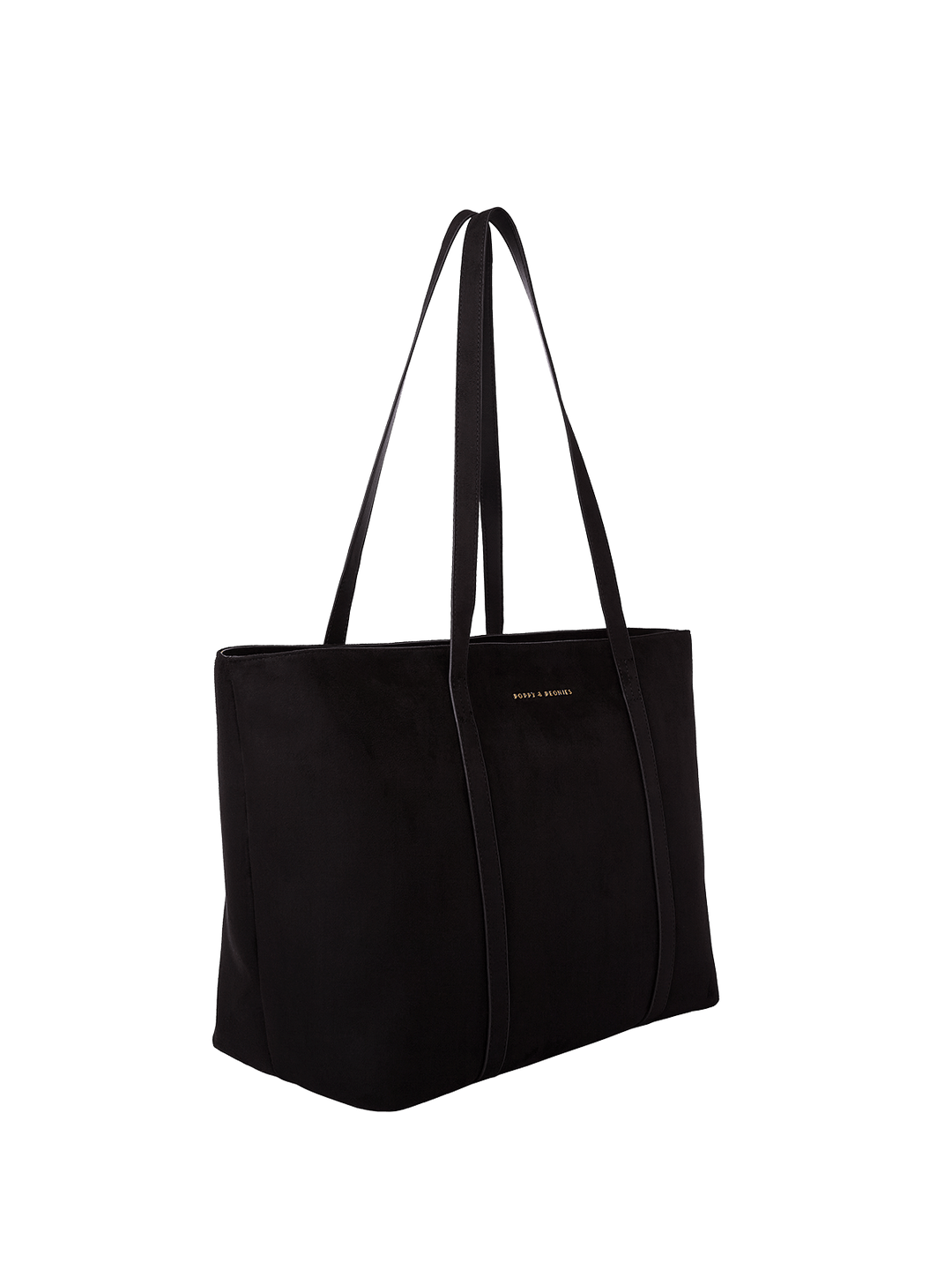 Side of a vegan suede black tote bag