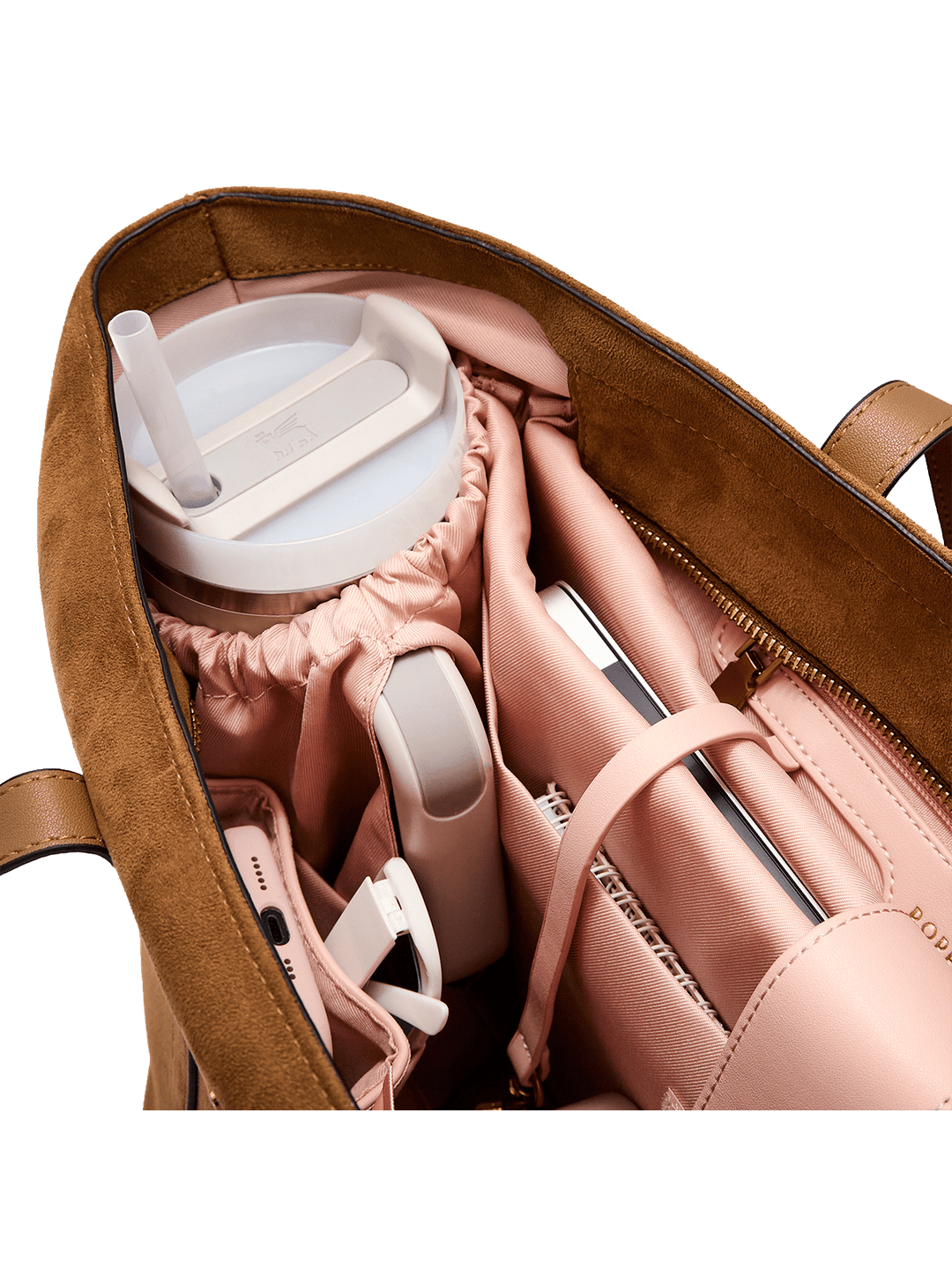 Interior of a vegan suede tote bag