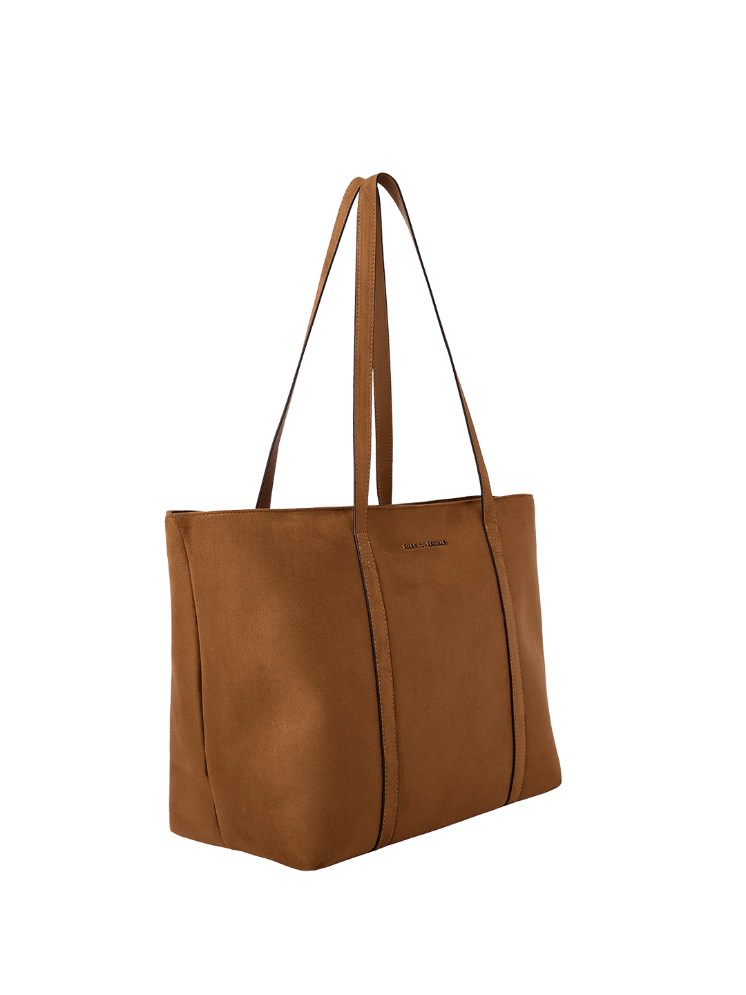 Side of a vegan suede brown tote bag.