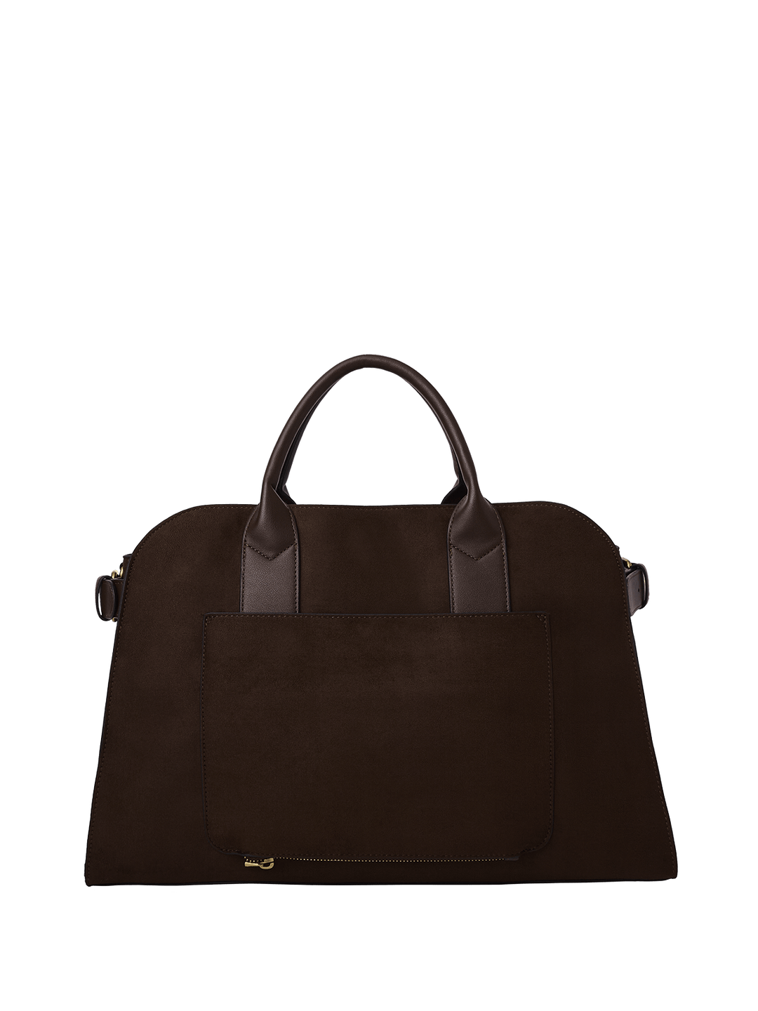Brown vegan suede handbag with leather handles on a transparent background