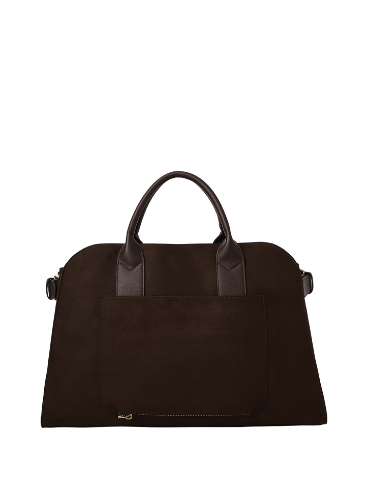 Brown vegan suede handbag with leather handles on a transparent background