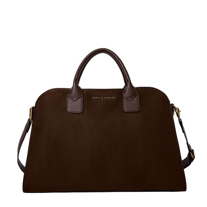 Brown vegan suede handbag with gold zipper on a transparent background