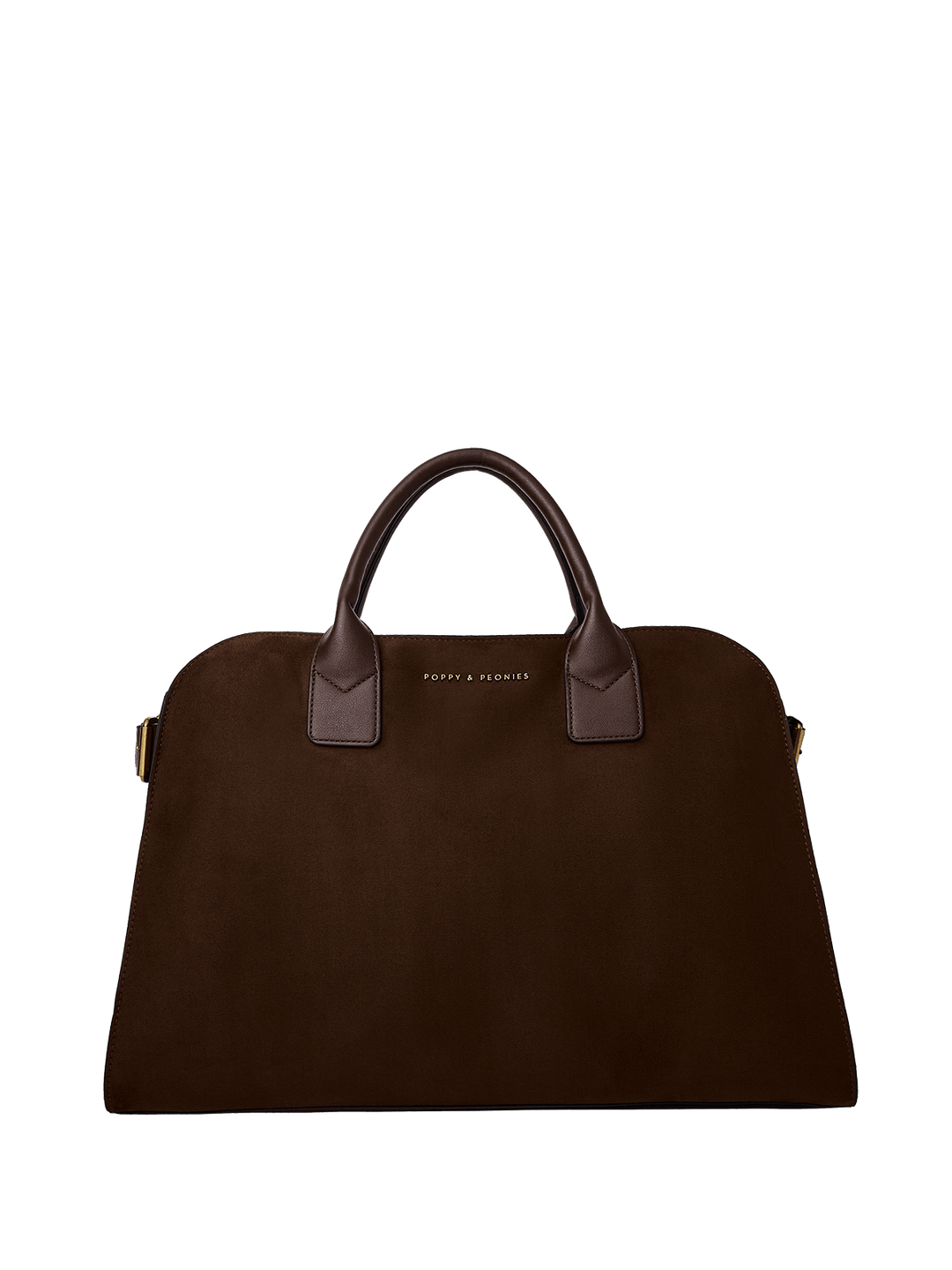 Brown vegan suede handbag with a Poppy & Peonies logo on a transparent background