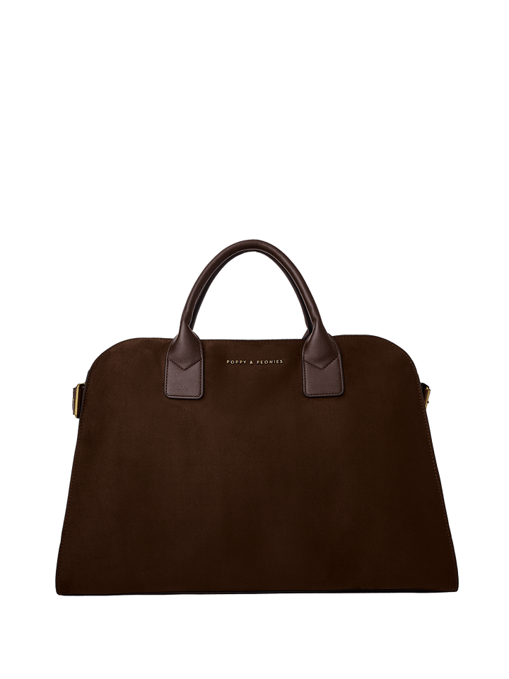 Brown vegan suede handbag with a Poppy & Peonies logo on a transparent background