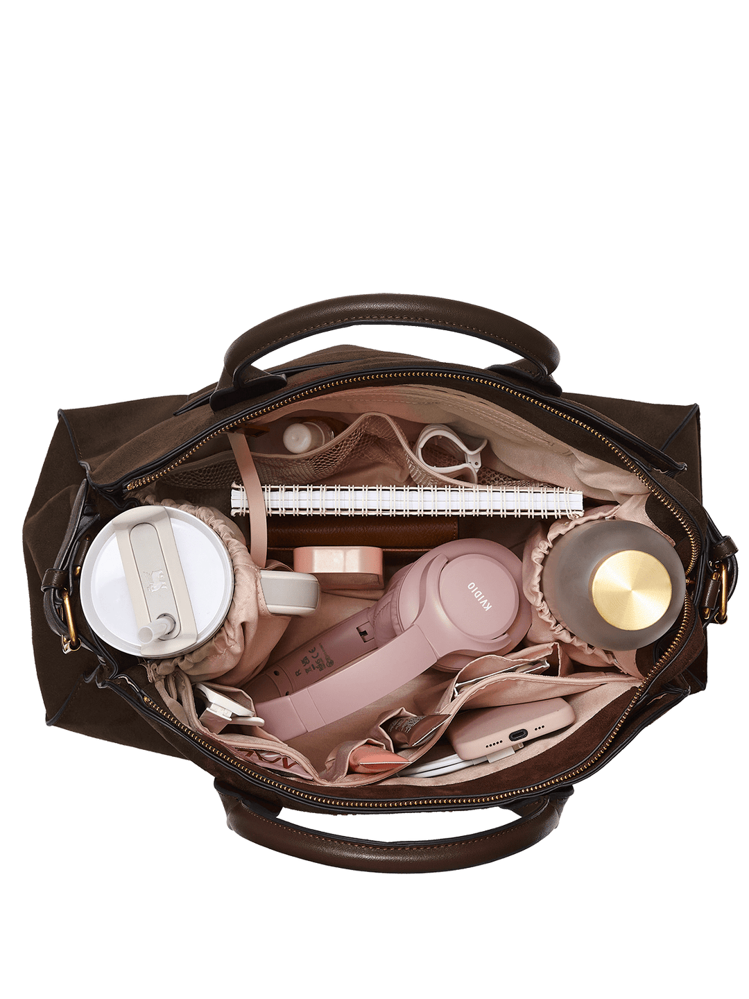 Interior of a fully packed functional handbag.