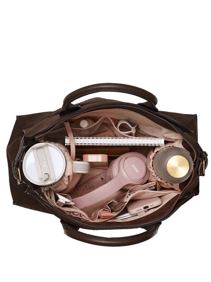 Interior of a fully packed functional handbag.