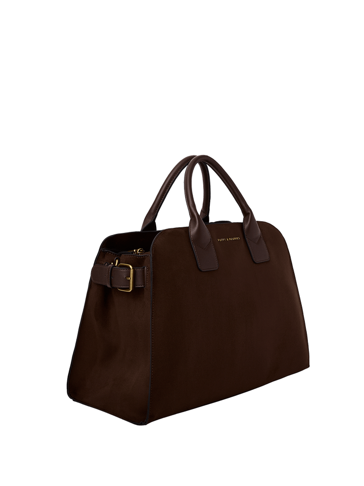 Brown vegan suede handbag with a gold buckle on a transparent background